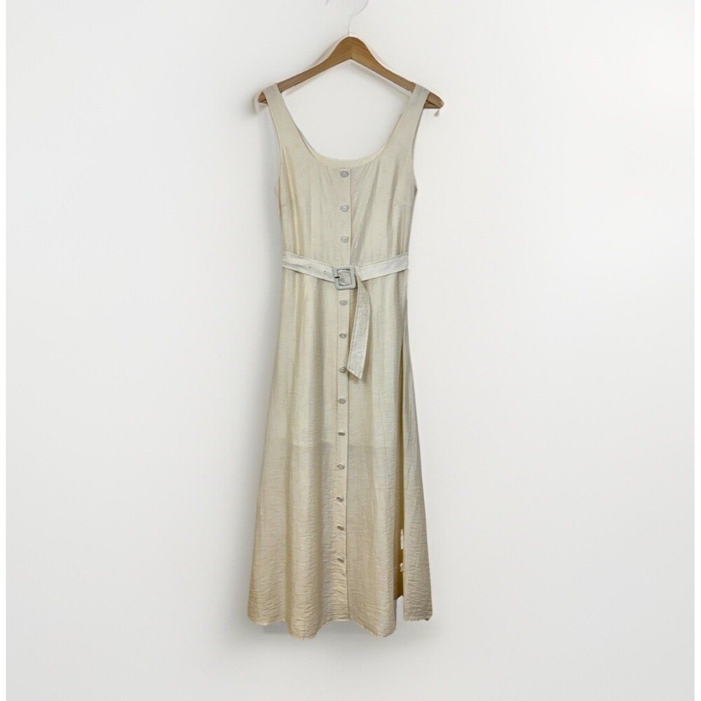 FRNCH Paris Size Small Belted Sleeveless Dress Ivory White Summer Resort Crinkle